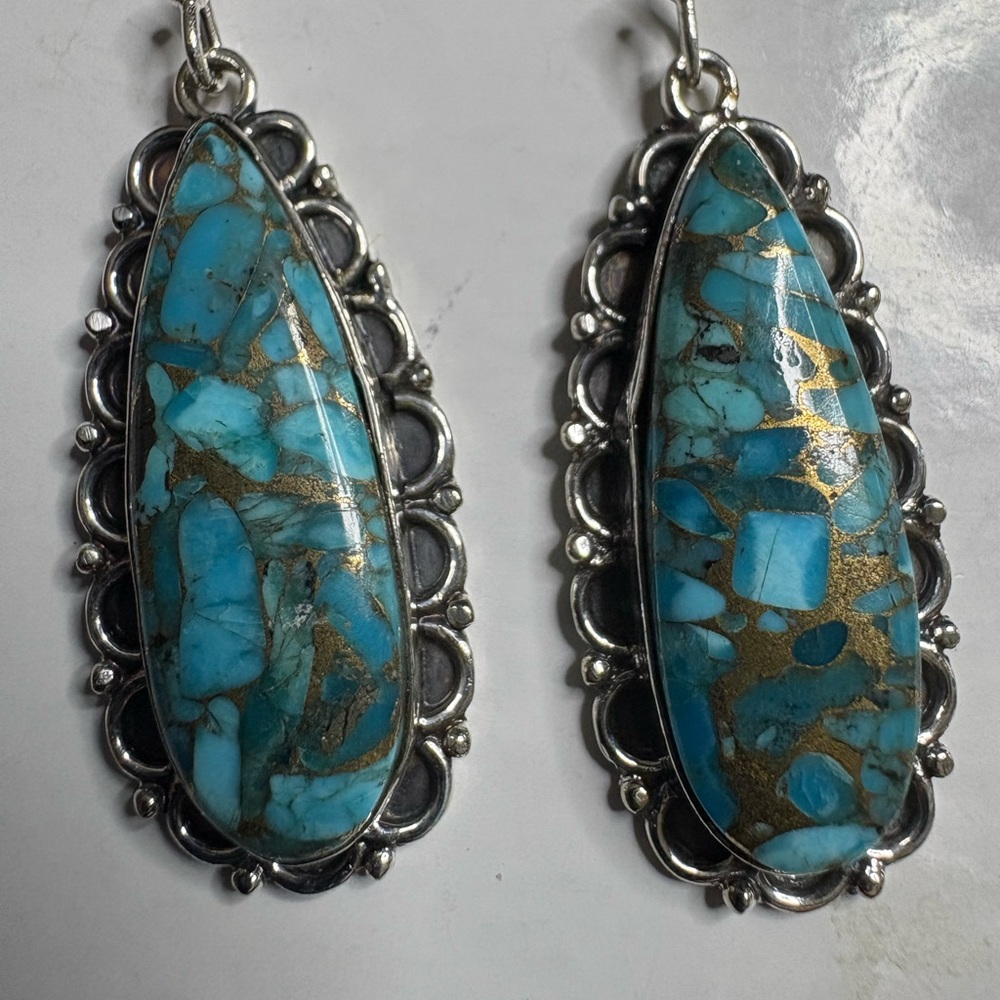 SOLD Earrings*Turquoise Copper Infused Southwestern Dangle Drop Wire Earrings - Picture 2 of 6